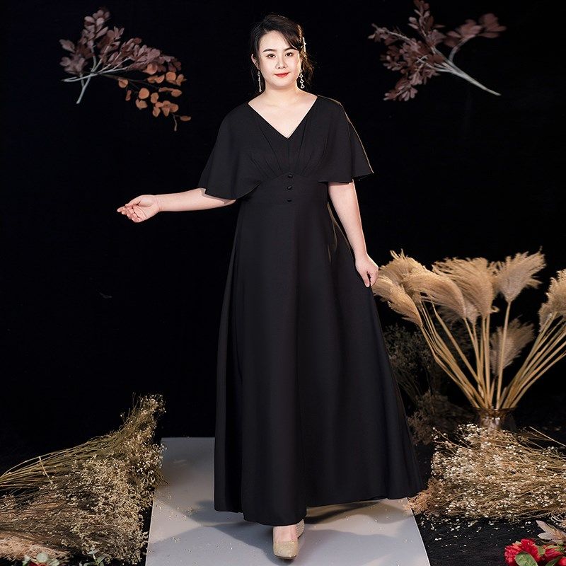 大码晚礼服女胖mm显瘦遮肚高级气质年会晚宴200斤平时可穿黑色长