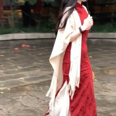 她来了复古馆暗花纹酒红色年会结婚过年旗袍中国风气质修身 连衣裙