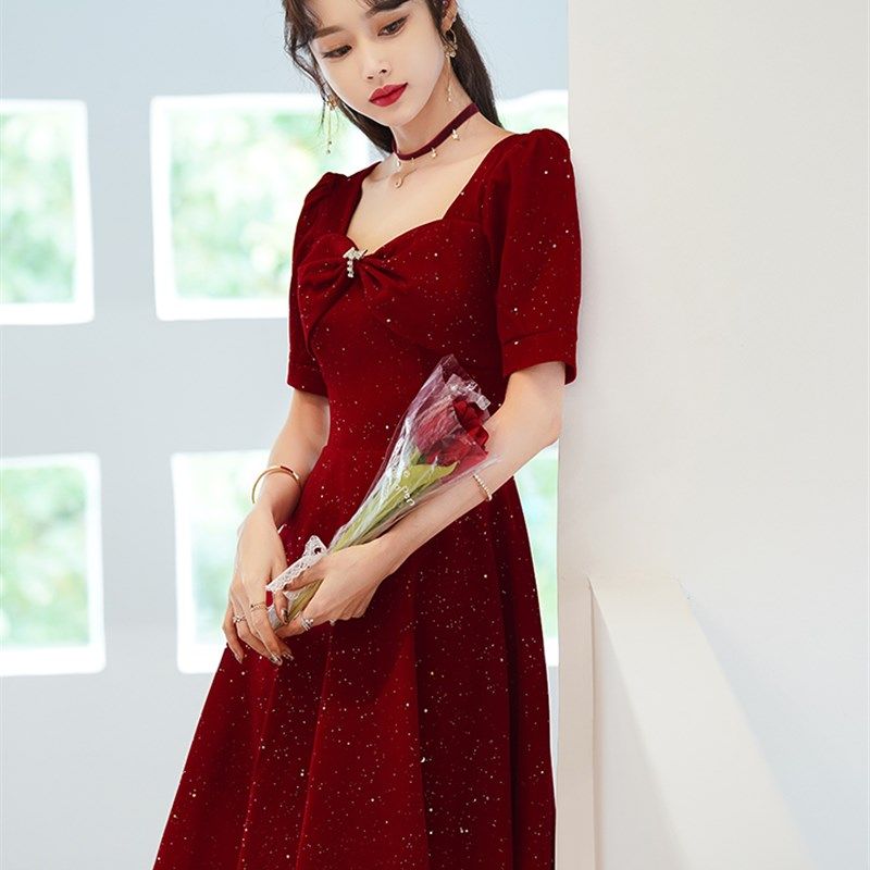 敬酒服新娘红色礼服女高级感裙子小个子订婚连衣裙短袖平时可穿女