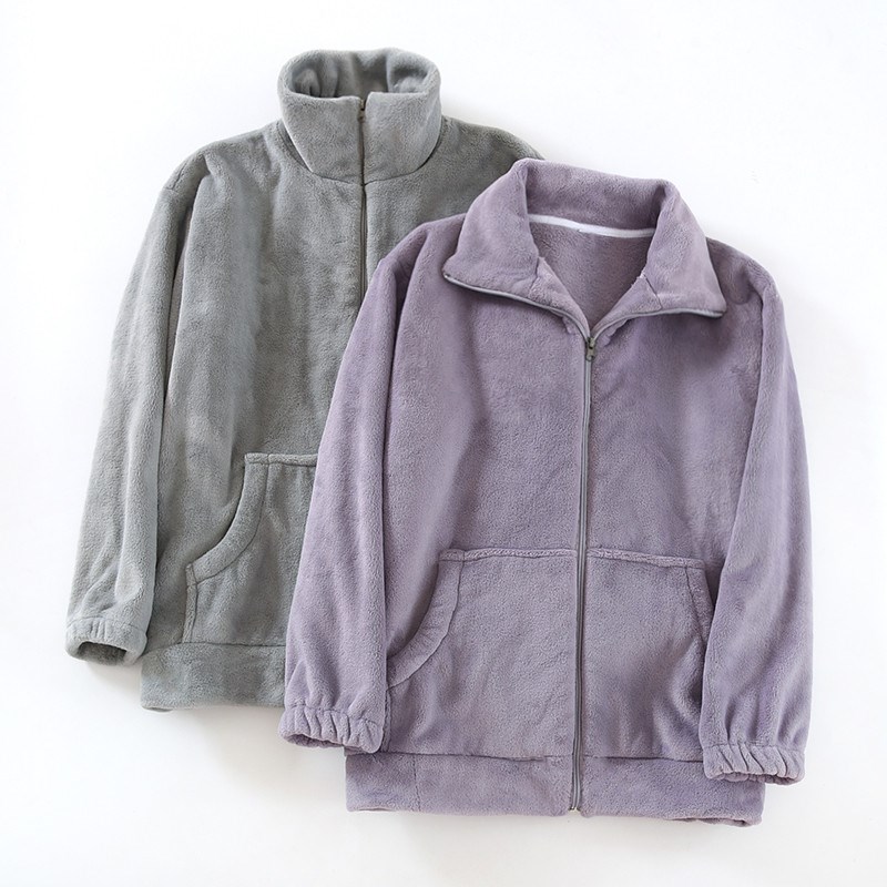 情侣拉链睡衣女上衣秋冬季珊瑚绒法兰绒长袖保暖家居服男宽松大码