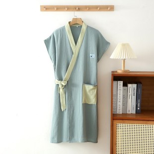 夏女士男士薄款情侣绉纹纱布浴巾可穿式短袖和服无袖睡衣睡袍浴袍
