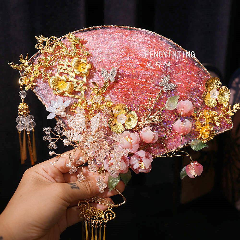 重工团扇中式礼晨袍红色喜扇婚礼物新娘婚手工CNU扇d结新iy材婚料