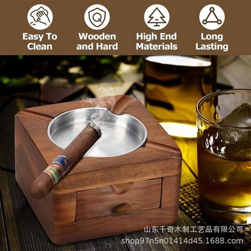 木质方形雪茄烟灰缸带雪茄配件抽屉室内室外露台家庭办公室烟灰缸