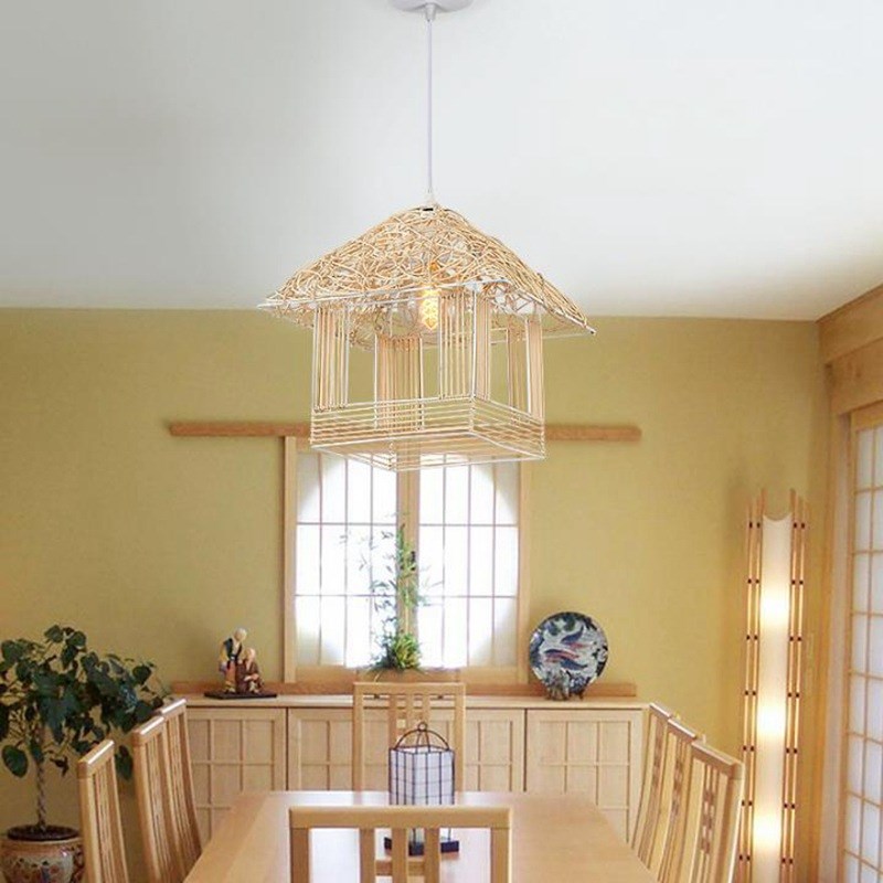 会东县工程定制中式风格藤艺麻线竹编吊灯草帽竹编斗笠灯日式灯