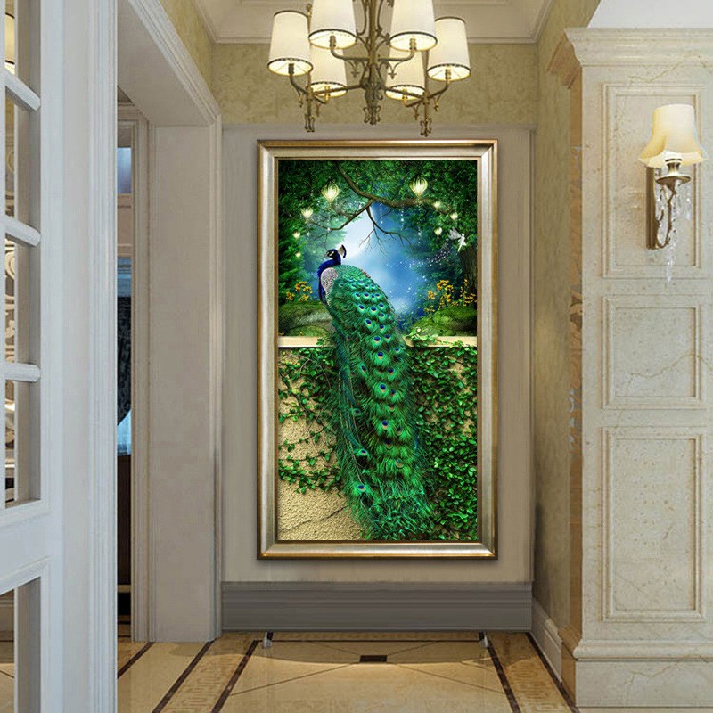 5D钻石画满钻新款孔雀贴钻十字绣点贴砖石绣2021客厅现代玄关竖版