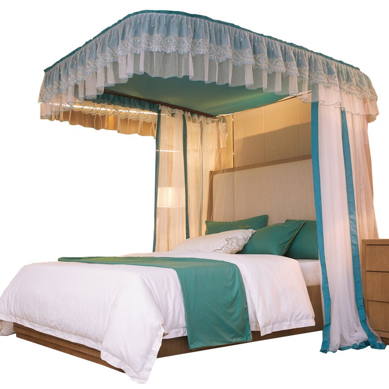 不锈钢伸缩拉幕宫廷落地三开门U型不打墙铝合金导轨绣花蚊帐