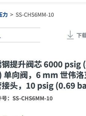 世伟洛克SS-CHS6MM-10不锈钢提升阀芯单向阀卡套管6 mm10psig0.69