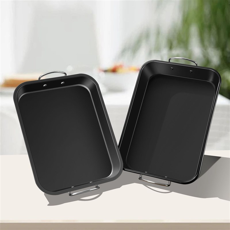 新款碳钢长方形烤盘不粘带手柄烤鸡盘家用带v形支架料理烧烤盘