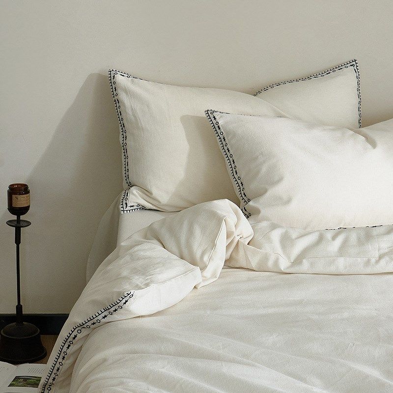 20%亚麻黑白绣花日式 床上用品简洁质朴复古白色刺绣棉麻四件套