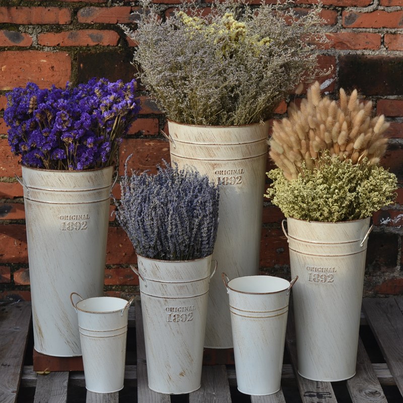 芈阳 落地花桶白色做旧铁桶大号长铁皮桶花店鲜花筒花瓶装饰花器