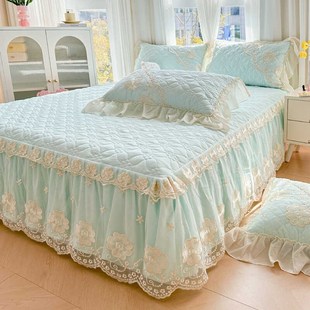 水洗棉床裙单件公主风蕾丝花边纯色床罩带裙边防滑床单夹棉 2024款