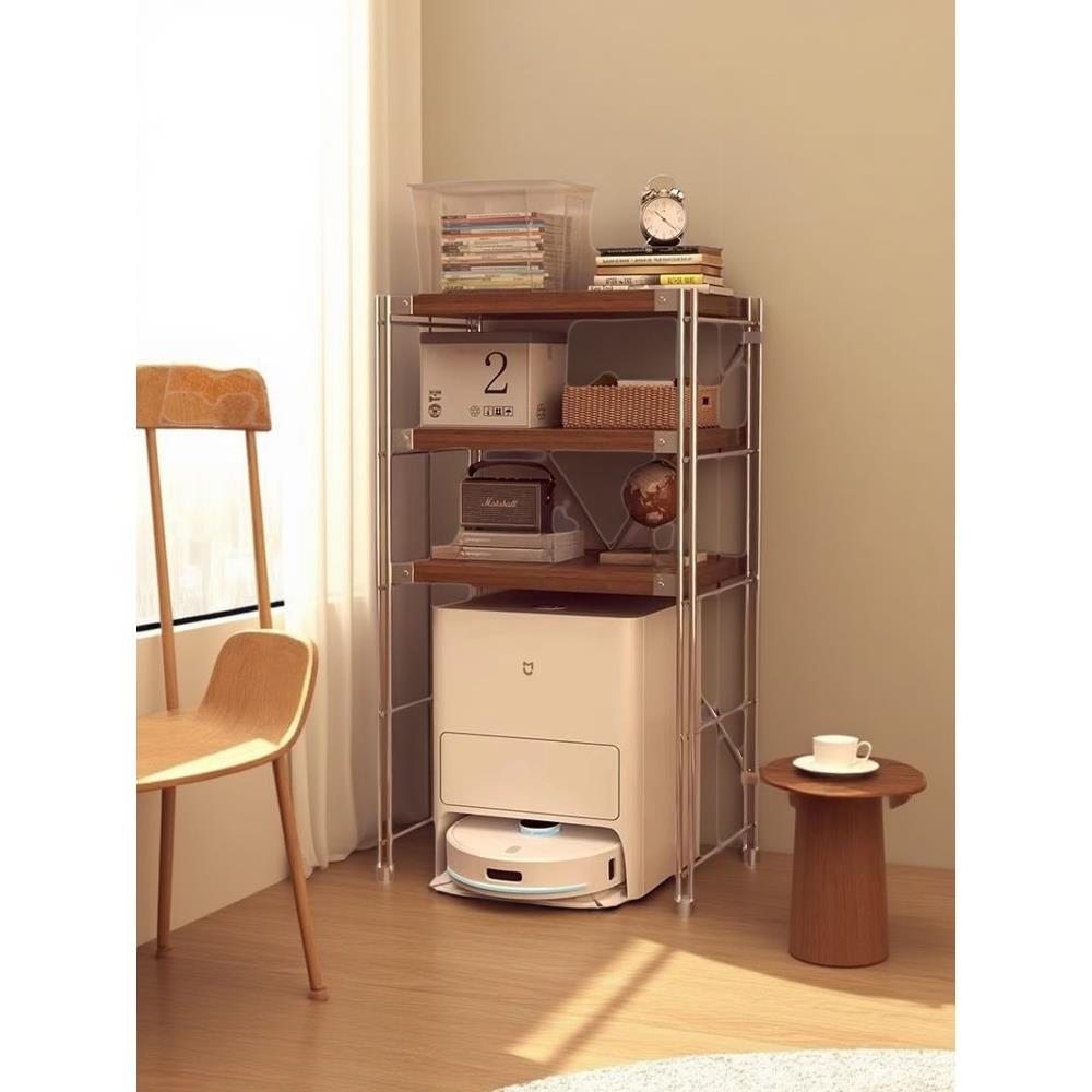需定制日式钢木置物架落地收纳架子阳台储物架书架扫地机器人下空