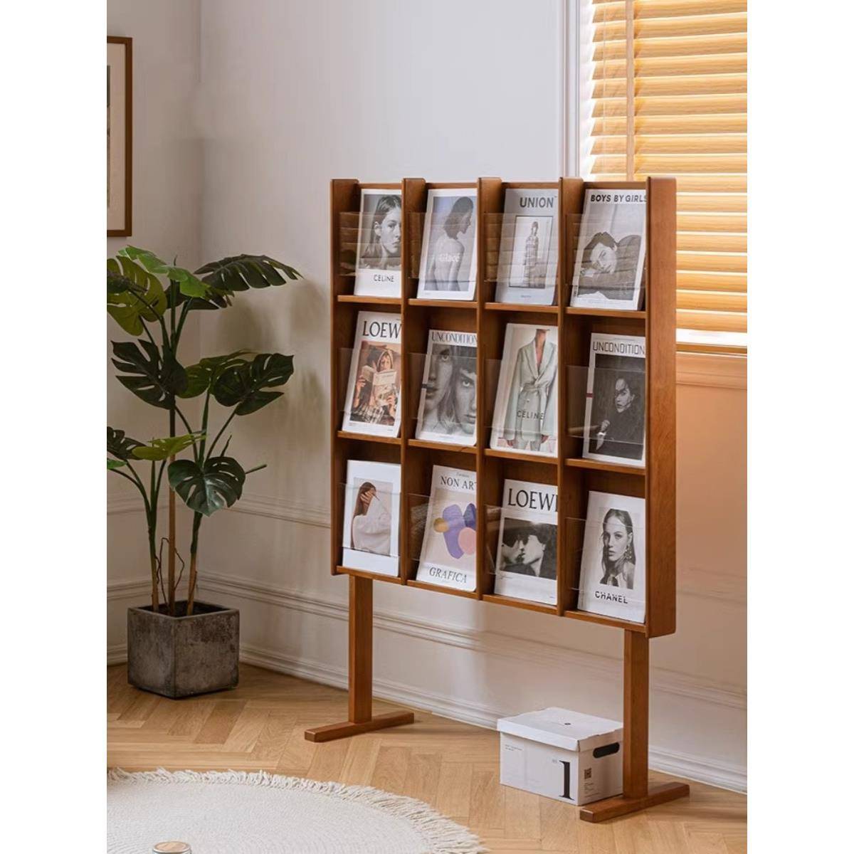 需定制舒曼杂志架中古实木阅读书架日式展示架创意亚克力落地报刊