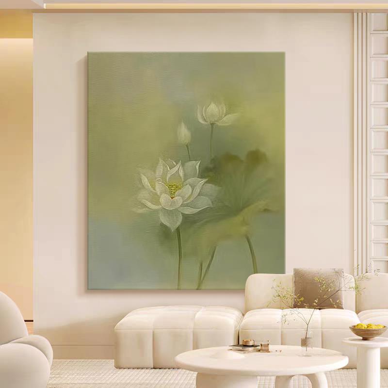 淡雅荷花客厅大幅落地装饰画和和美美玄关挂画中古风绿色手绘油画图片