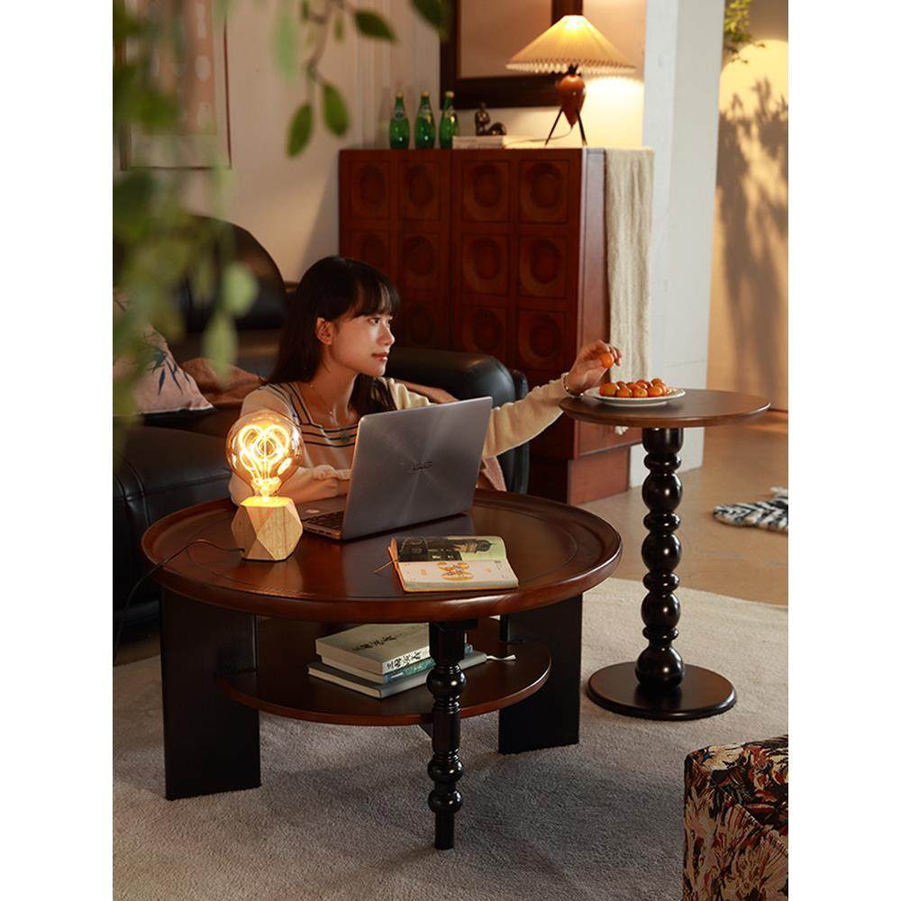 中古风实木圆形茶几客厅家用2025新款小户型法式覆古茶台茶桌阳台,住宅家具,茶几,淘宝优惠券,粉丝福利购,淘宝优惠卷