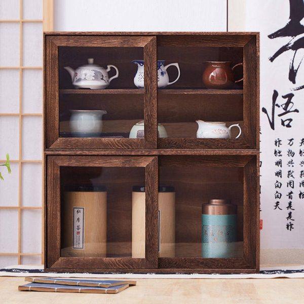 新款实木桌面收纳盒防尘茶具置物架多宝格/博古架储物柜展示架子