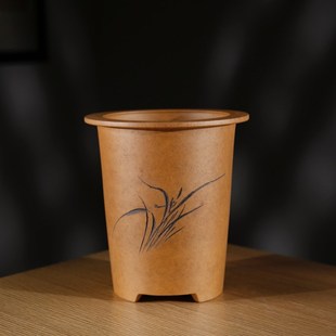 新款 精品名家秦夕洪宜兴原矿段泥柴烧刻绘中号高圆宽口签筒兰花盆