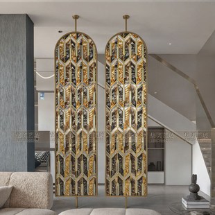 现代简约艺术玻璃手工珐琅彩屏风复古隔断玄关客厅不锈钢框架旋转