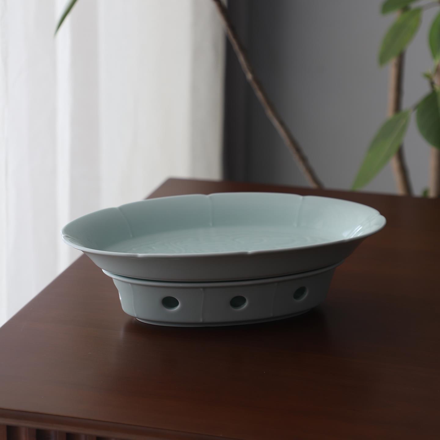 山水一间景德镇陶瓷宋青保温鱼盘14寸蒸鱼盘酒店饭厅盘子家用餐具