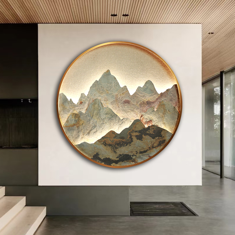 新中式圆形装饰画客厅沙发背景墙立体山水画壁画带灯玄关岩板挂画图片