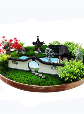 新中式酒店轻奢摆件旋转圆桌装饰摆景 江南庭院 苏州园林楼阁摆台