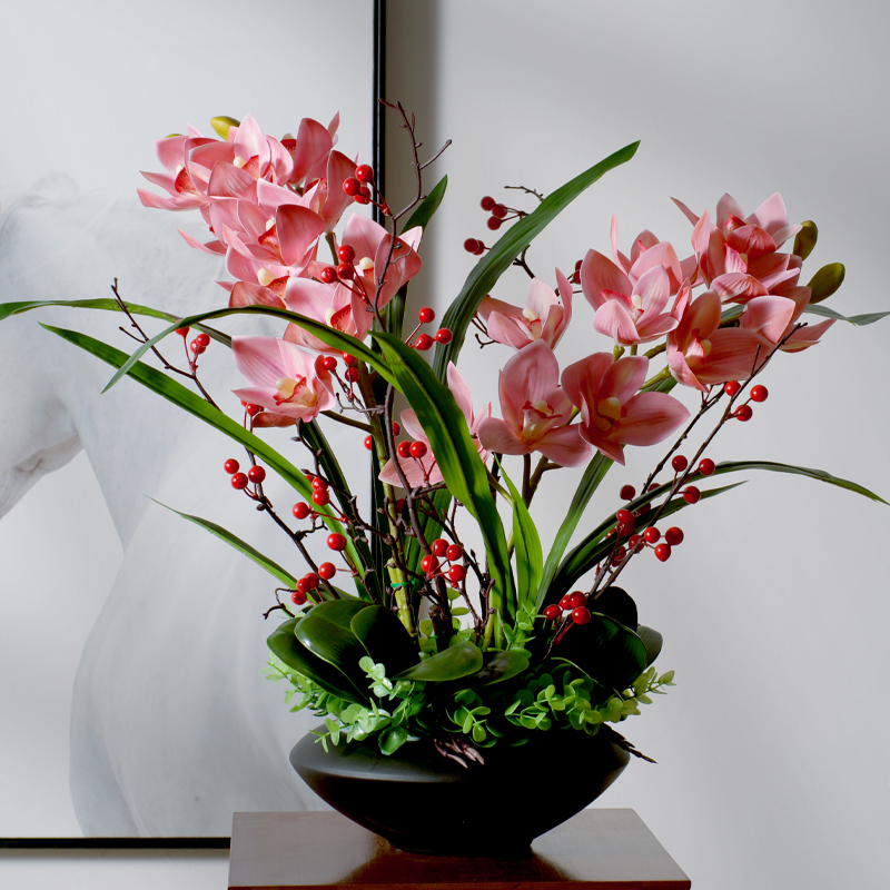 中式大型手感蕙兰仿真花茶几玄关桌面发财果装饰摆件假花盆栽套装