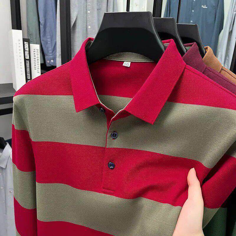 锋界服饰轻奢高品2026中年男士纯棉翻领条纹长袖T恤宽松秋POLO衫