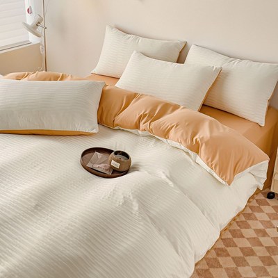 简约磨毛褶皱泡泡纱双拼床上四件套被套床单被罩学生宿舍床家用