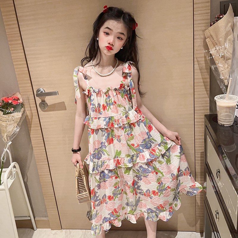 女童夏季法式碎花连衣裙儿童洋气沙滩裙中大童时髦吊带裙洋气夏装