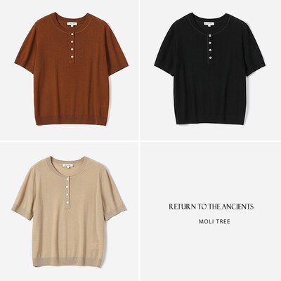 *WZT07154 茉莉雅集 140S百搭舒适精纺全羊毛亨利领短袖针织套衫