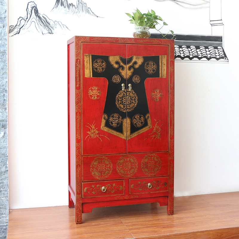 新中式仿古典家具实木彩绘衣柜衣橱手绘红色做旧复古装饰客厅柜子