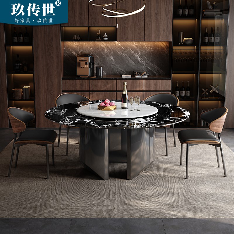 天然超晶石餐桌椅组合轻奢高级大理石微晶石别墅家用圆形吃饭桌