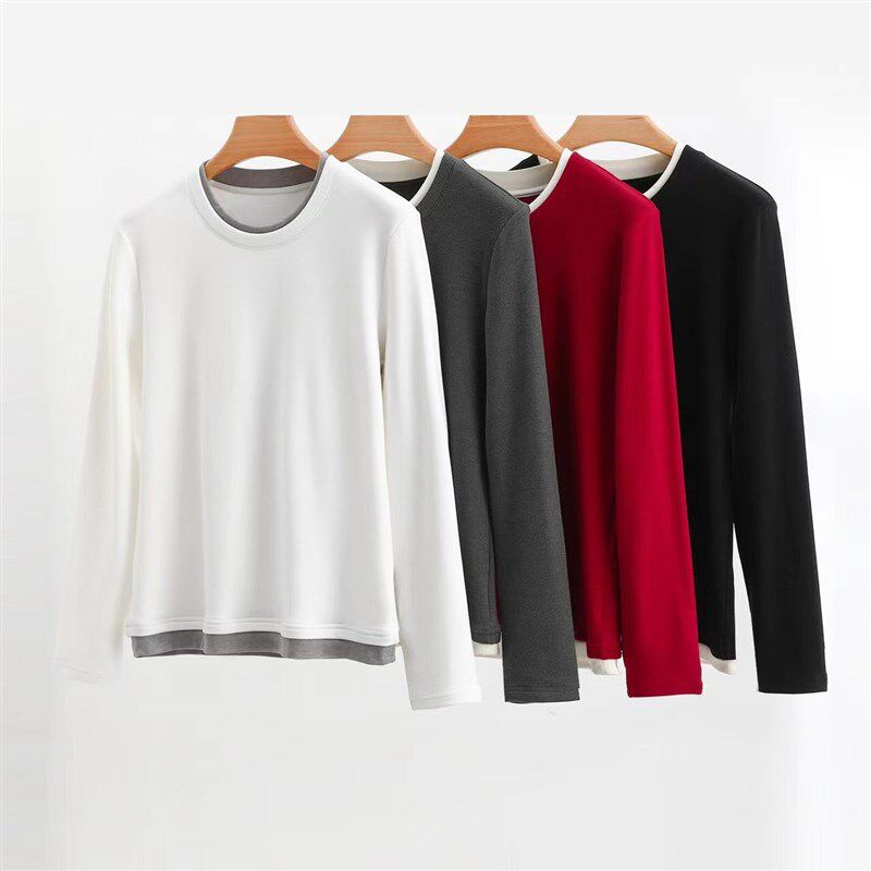 德绒保暖女士大码卫衣圆领长袖假两件加绒外穿女上衣发热腈纶T恤