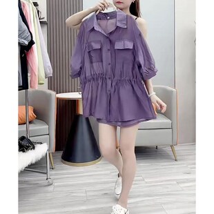 2024夏季新款小个子套装女大码休闲显瘦polo领衬衫上衣短裤两件套