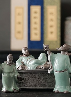 新中式李白对酒当歌哥窑开片精品可养创意人物茶宠茶玩摆件装饰品