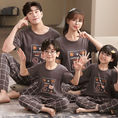 亲子睡衣男女童夏季短袖长裤一家三口四口纯棉恐龙全棉空调家居服