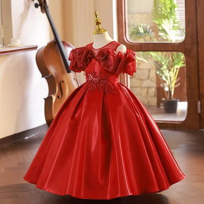 儿童礼服公主裙女童高端花童婚礼小女孩生日宴轻奢小众红色主持人
