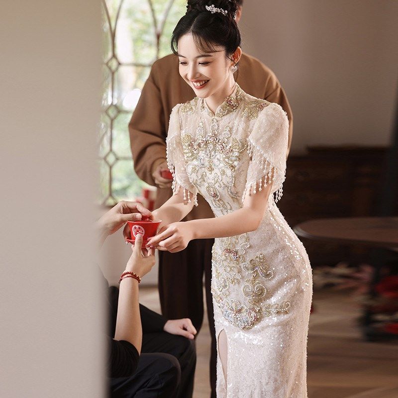 敬酒服2024新款新娘旗袍鱼尾裙回门修身长款轻奢高定中式订婚礼服