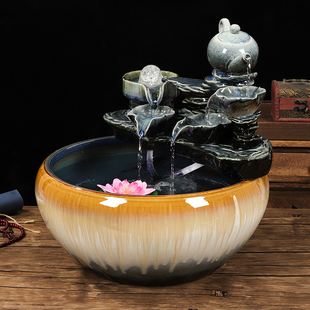 景德镇陶瓷鱼缸大号养鱼盆乌龟缸家用流水喷泉客厅金鱼缸造景摆件