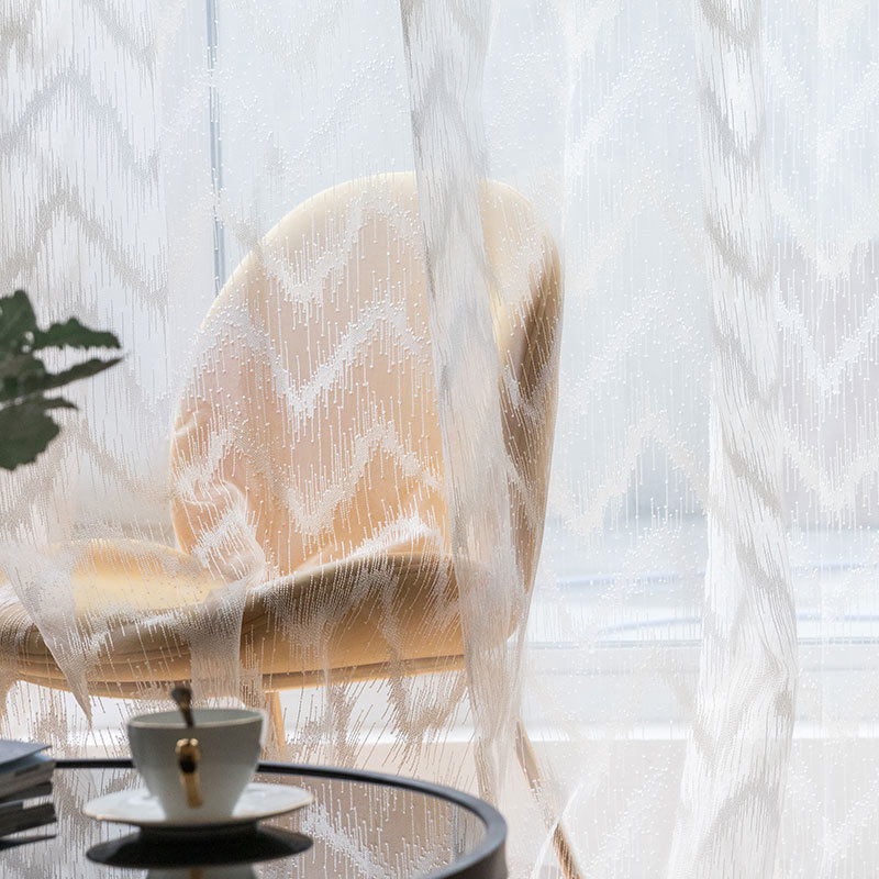 波浪纹W纹植花简约白色窗帘纱蓬松手感半透明轻奢风格别墅样板房