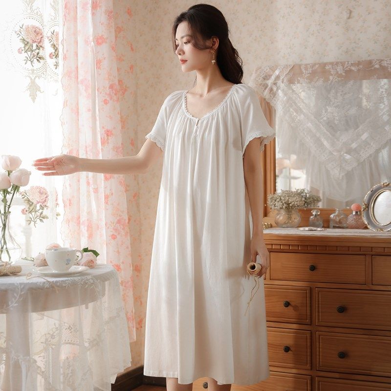 女士白色睡裙女纯棉法式宫廷风夏季睡衣女款孕妇大码长款高级睡袍,女士内衣/男士内衣/家居服,睡裙,淘宝优惠券,粉丝福利购,淘宝优惠卷