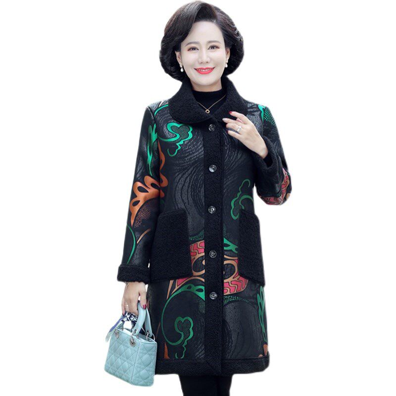 妈妈秋冬加绒加厚风衣外套中老年人女装鹿皮绒大衣中长款保暖棉服