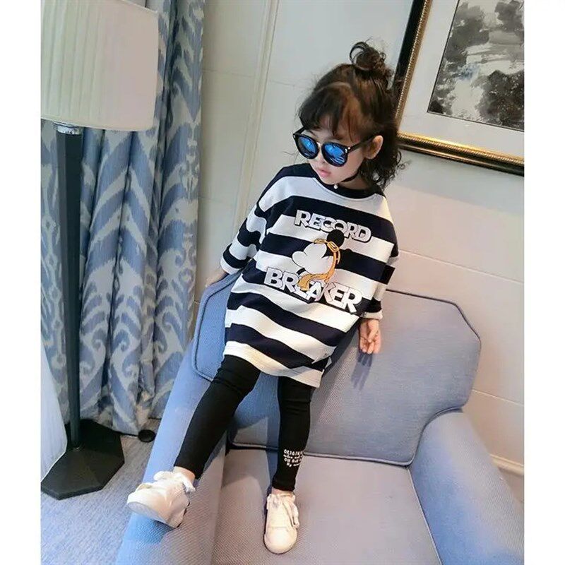 女童宽松T恤2024新款春秋装卫衣中小童圆领条纹长款卡通打底衫潮6