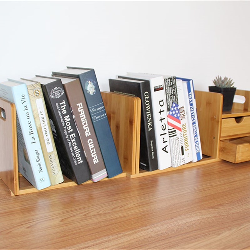 桌上书架带抽屉简易书柜学生置物架办公桌书架可伸缩实木收纳架子