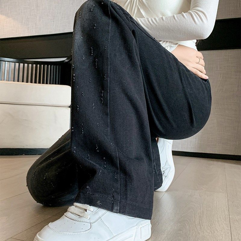 加绒阔腿牛仔裤女2025年秋冬新款松紧腰抓纹大码窄版直筒休闲裤子