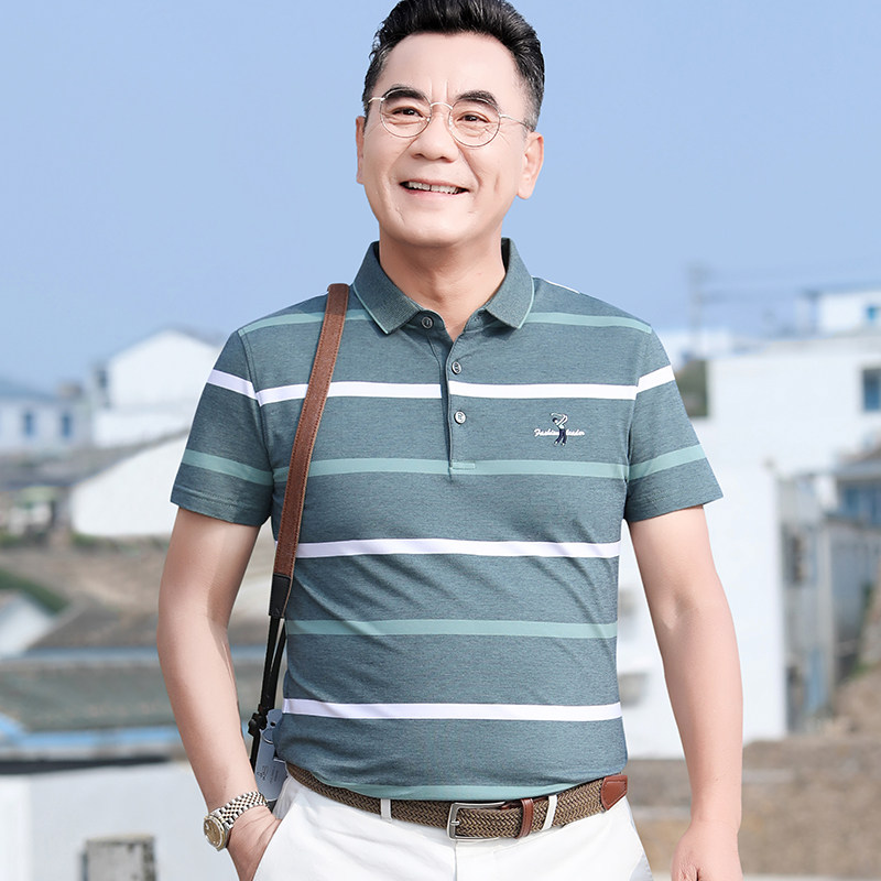 中老年爸爸夏装短袖t恤纯棉透气撞色条纹宽松休闲夏季男士Polo衫,男装,T恤,淘宝优惠券,粉丝福利购,淘宝优惠卷