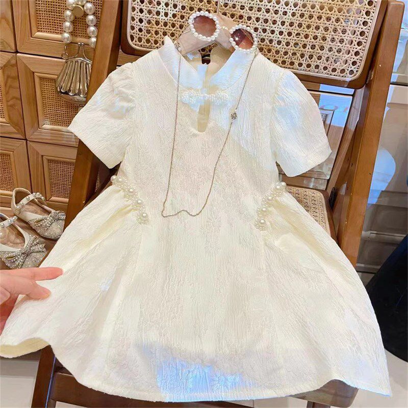 2024夏季新款儿童国风盘扣汉服旗袍裙女童淑女珍珠收腰礼服公主裙
