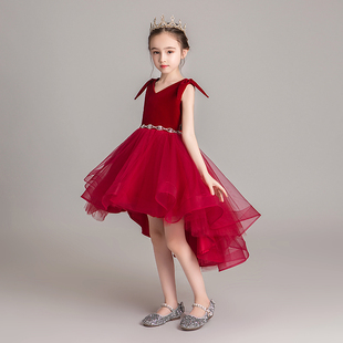 女童模特走秀礼服公主裙前短后长红色小女孩主持人儿童钢琴演出服