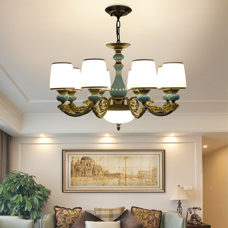 美式客厅吊灯简约陶瓷田园卧室餐厅铁艺复古锌合金玻璃新款防尘灯,家装灯饰光源,客厅吊灯,淘宝优惠券,粉丝福利购,淘宝优惠卷