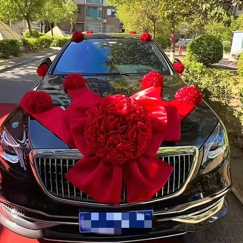 豪华覆古中式结婚婚车蝴蝶结大红花球陪嫁车主婚车头车布置红绣球